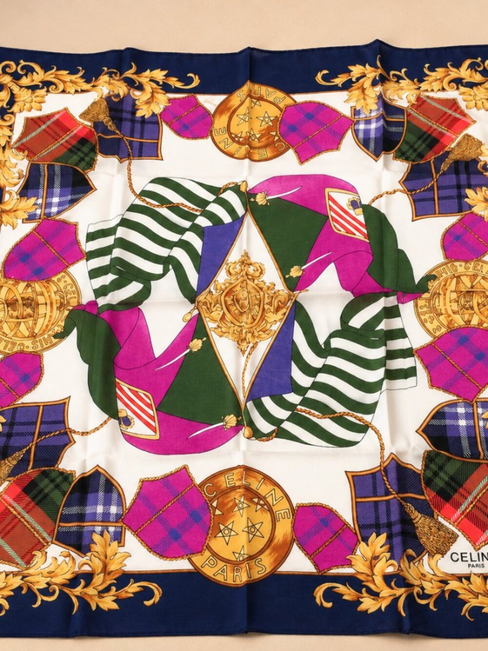 Vintage Celine Baroque Scroll and Crests Scarf